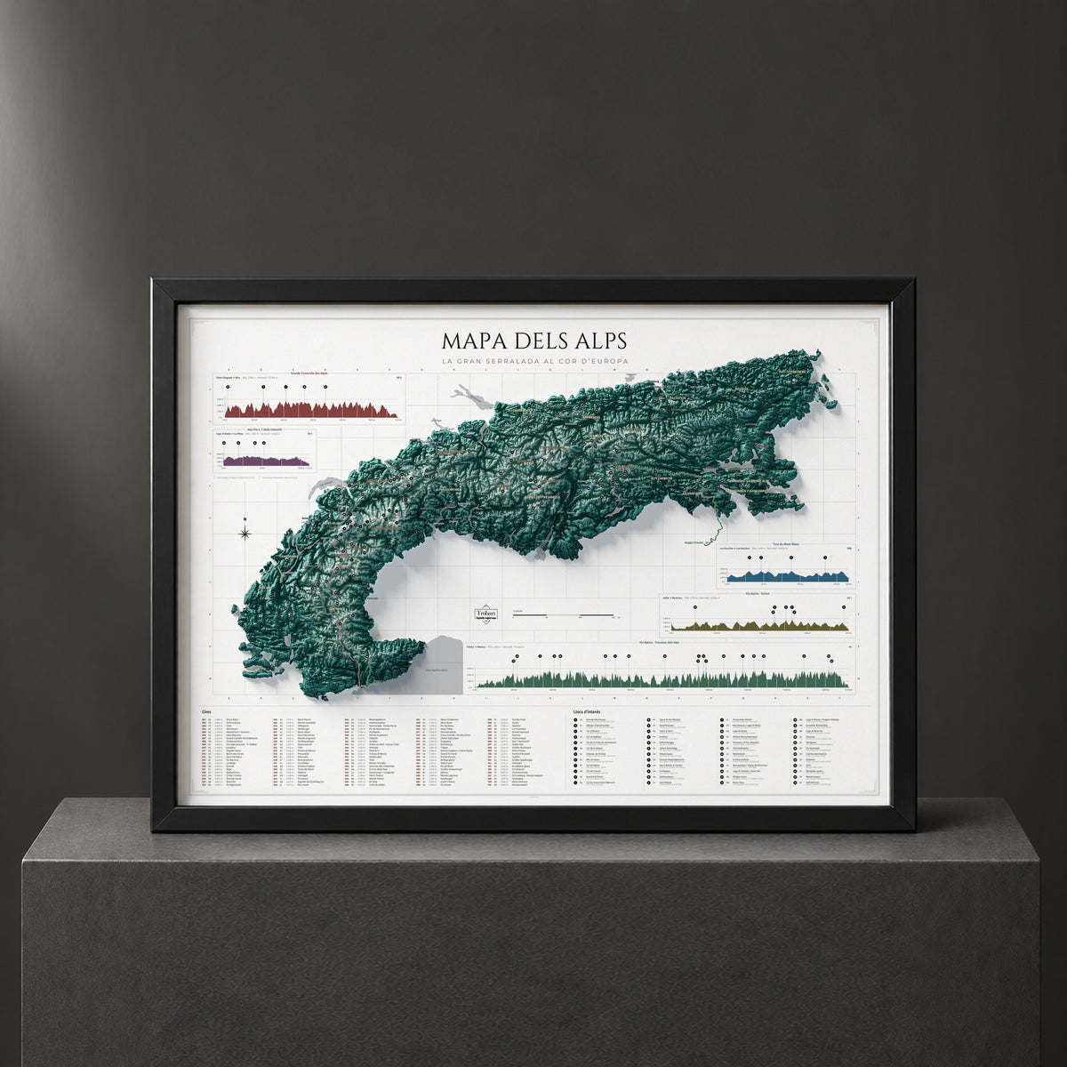 Mapa dels Alps, estil Alpina: presentació amb marc negre sobre un pedestal. Marc no inclòs.
