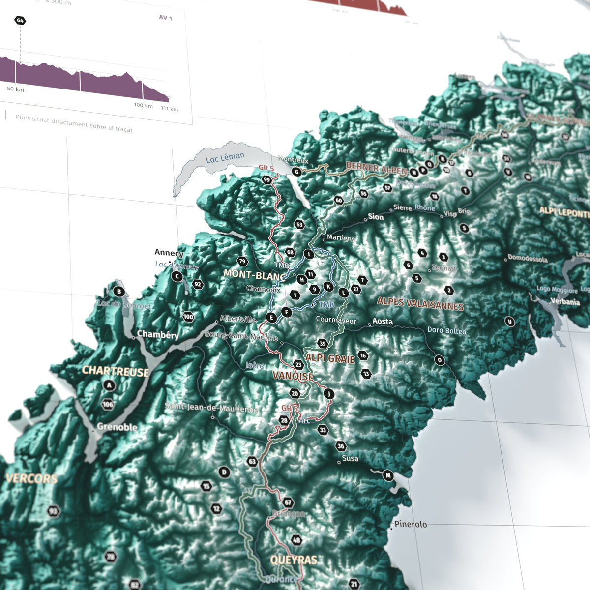 Mapa dels Alps, estil Alpina: detall del Mont Blanc i les rutes del massís.