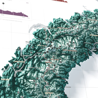 Mapa dels Alps, estil Alpina: detall del Mont Blanc i les rutes del massís.
