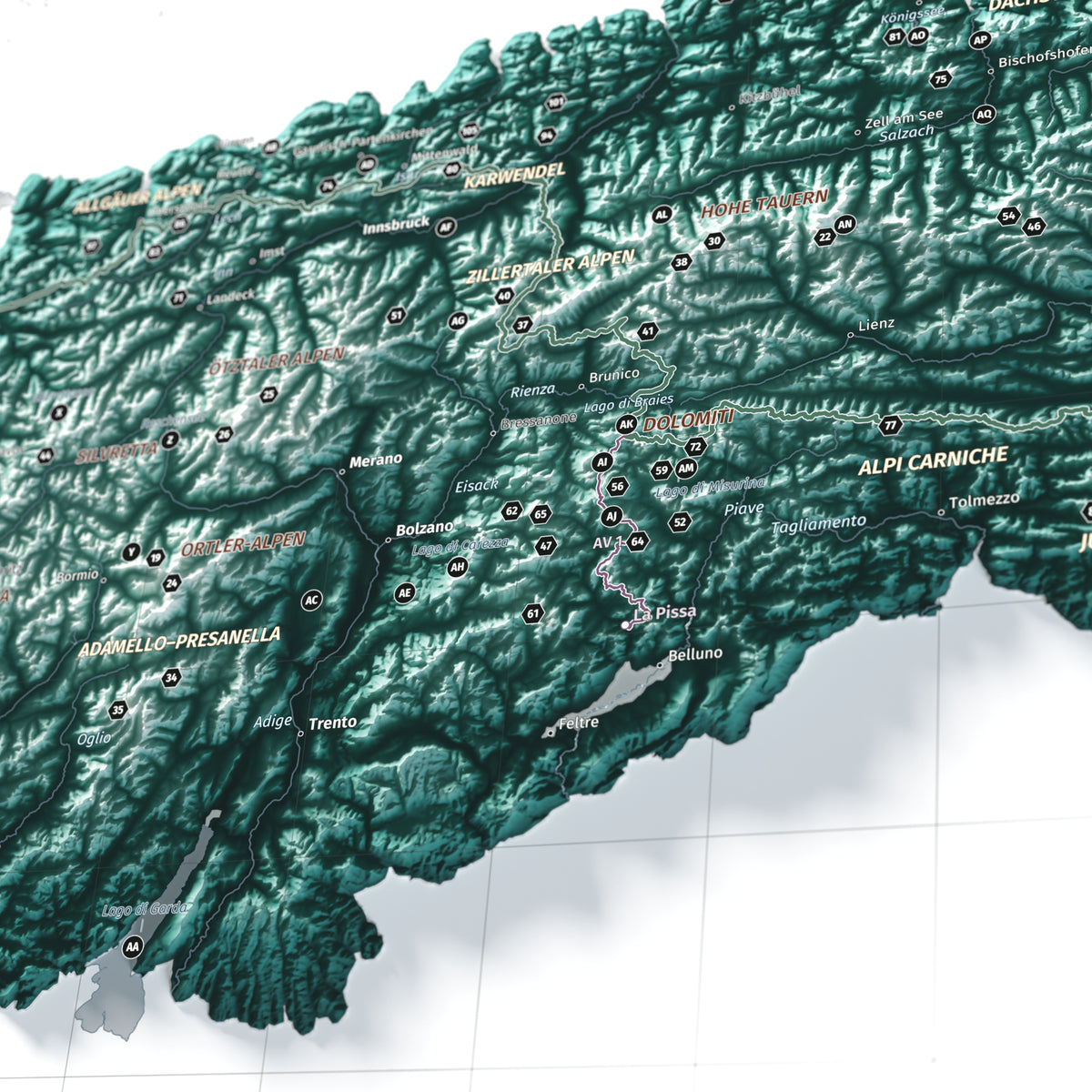 Mapa dels Alps, estil Alpina: detall de les Dolomites i l’Alta Via n. 1.