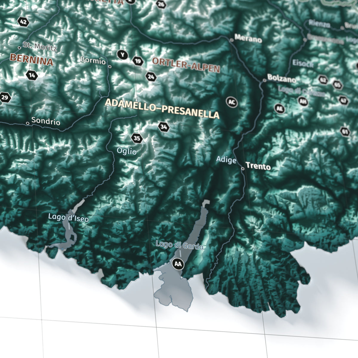 Mapa dels Alps, estil Alpina: detall del Lago di Garda i les ombres del terreny.