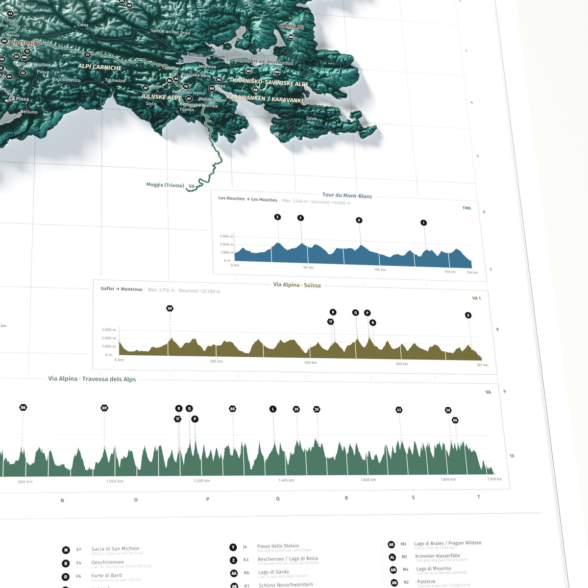 Mapa dels Alps, estil Alpina: detall dels perfils de les rutes.