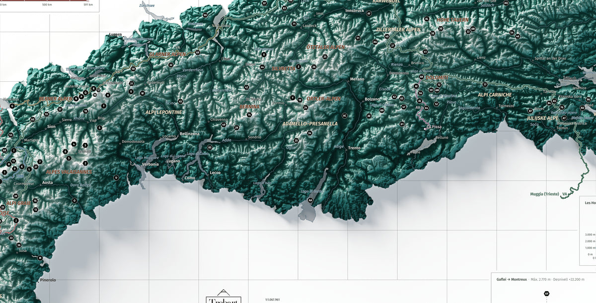 Detall frontal dels Alps centrals, estil Alpina, amb cims, llacs i rutes.