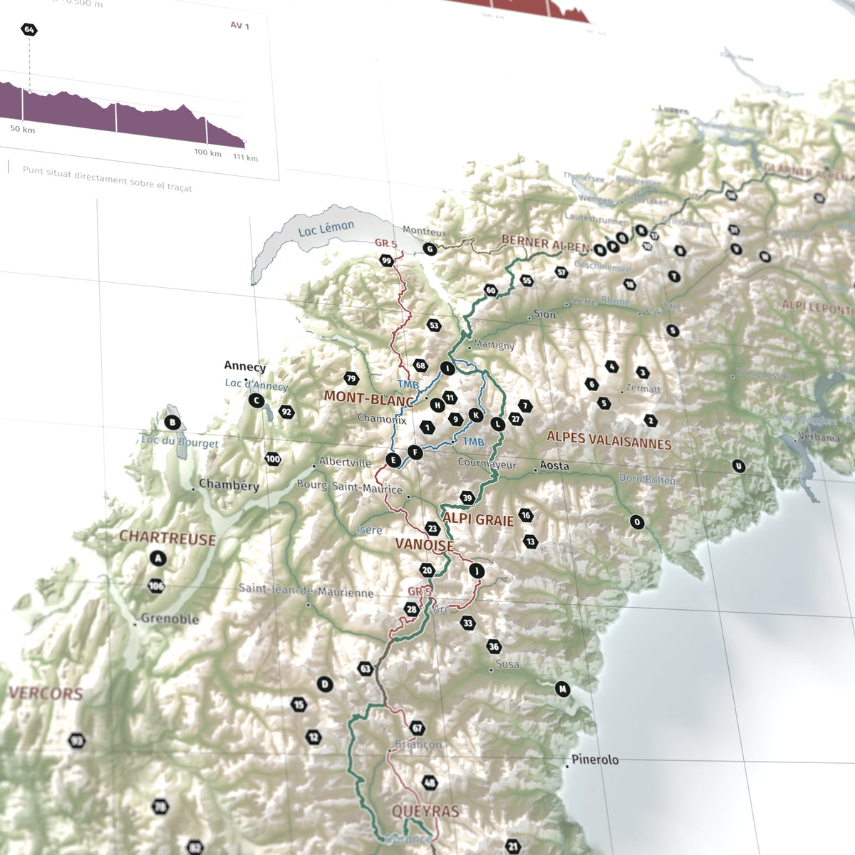Mapa dels Alps, estil Cartogràfic: detall del Mont Blanc i les rutes del massís.
