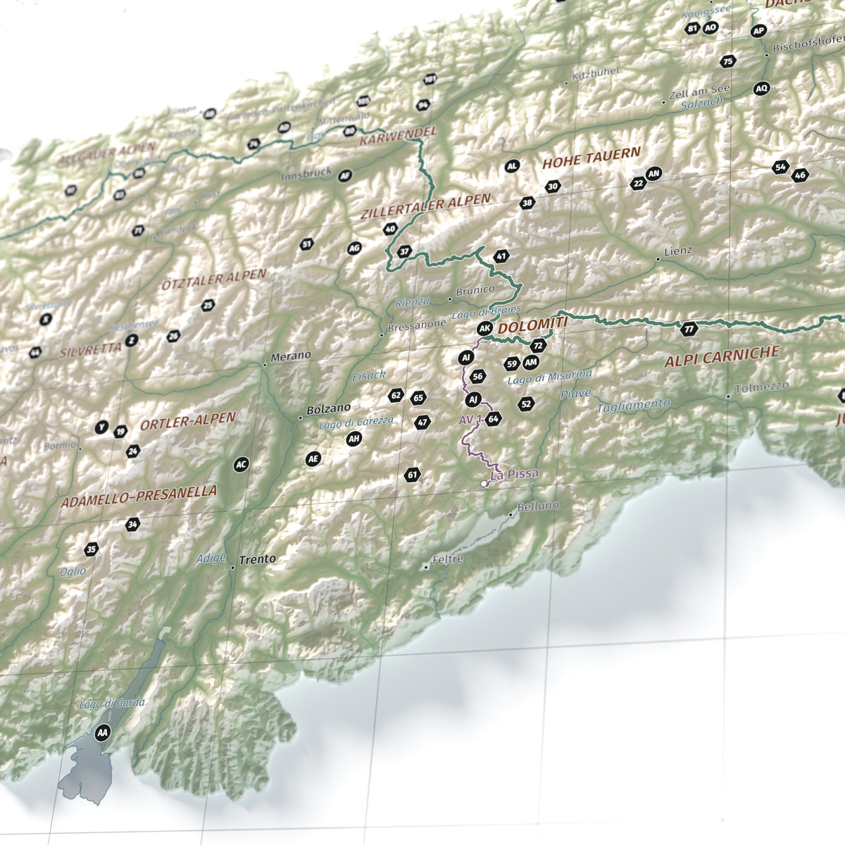 Mapa dels Alps, estil Cartogràfic: detall de les Dolomites i l’Alta Via n. 1.