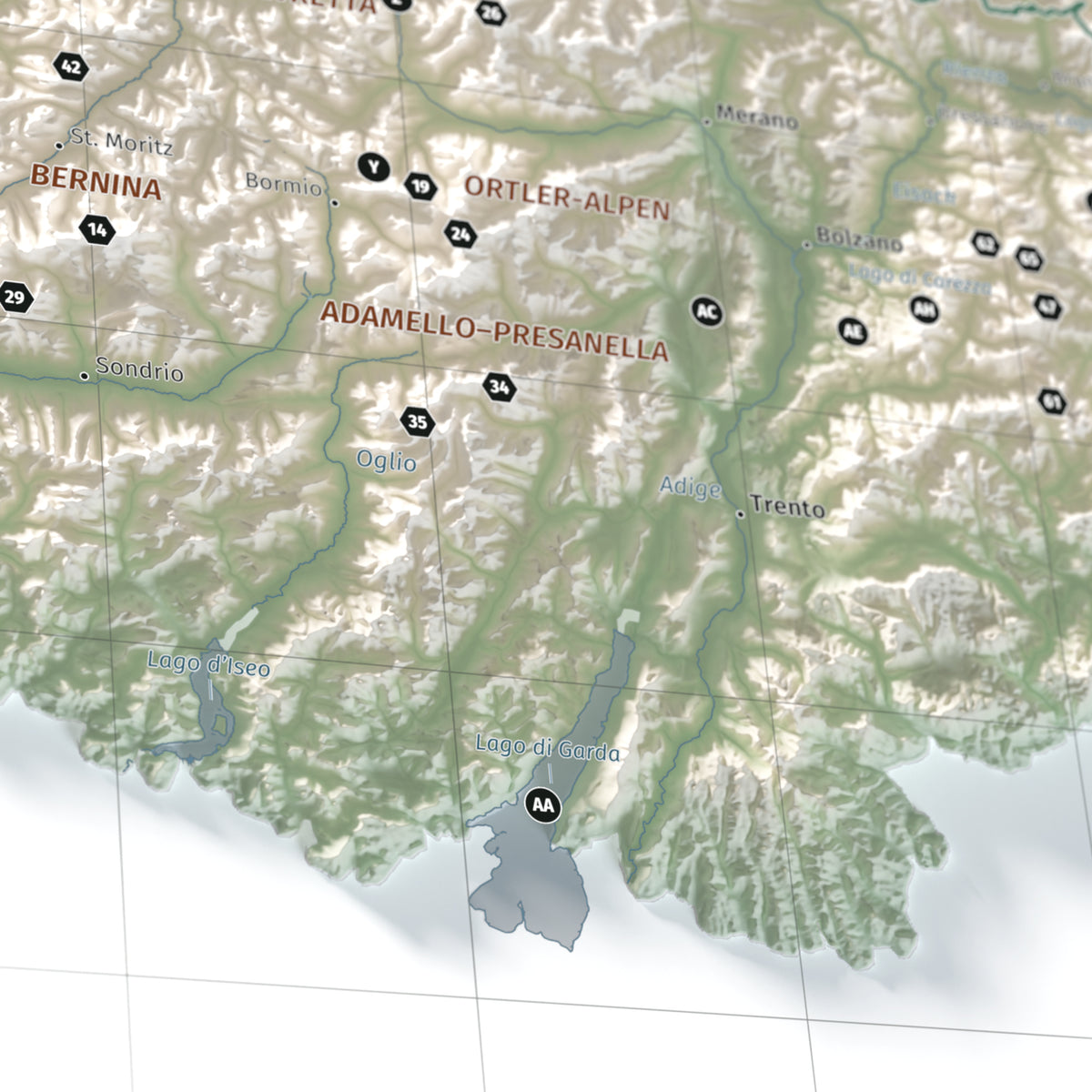 Mapa dels Alps, estil Cartogràfic: detall del Lago di Garda i les ombres del terreny.