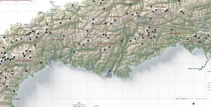 Detall frontal dels Alps centrals, estil Cartogràfic, amb cims, llacs i rutes.