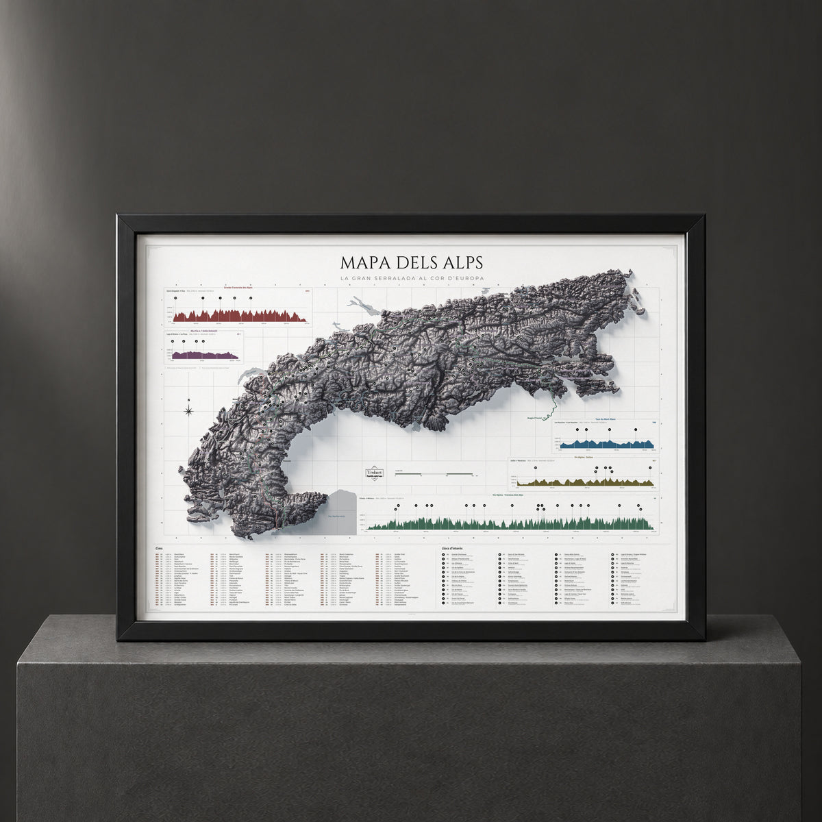 Mapa dels Alps, estil Cendra: presentació amb marc negre sobre un pedestal. Marc no inclòs.