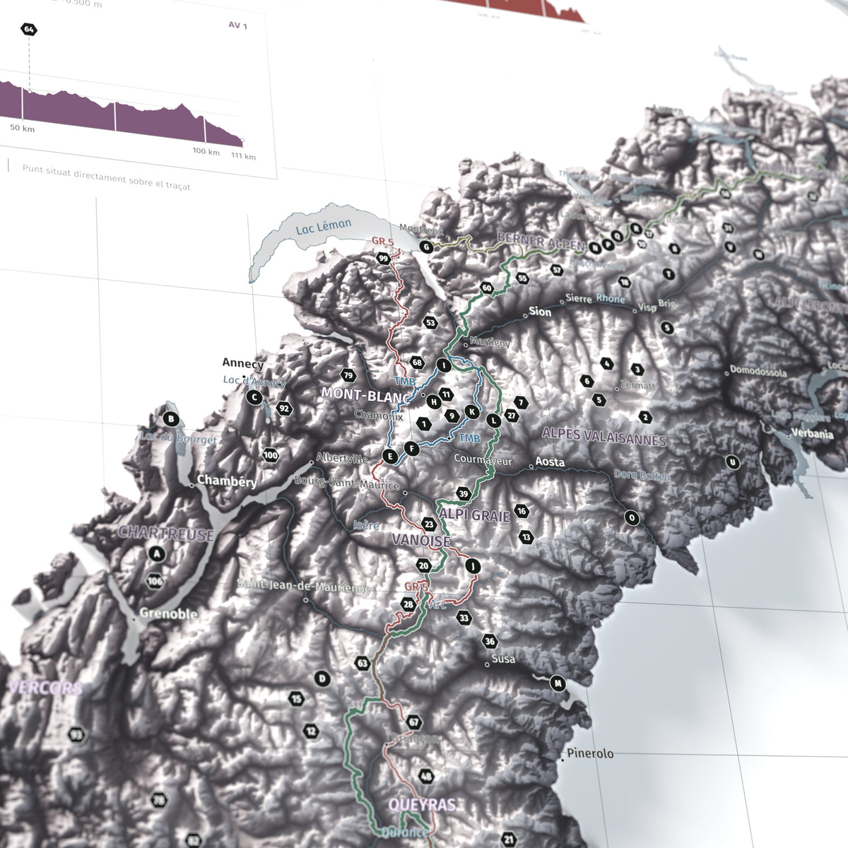 Mapa dels Alps, estil Cendra: detall del Mont Blanc i les rutes del massís.