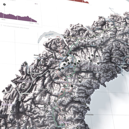 Mapa dels Alps, estil Cendra: detall del Mont Blanc i les rutes del massís.