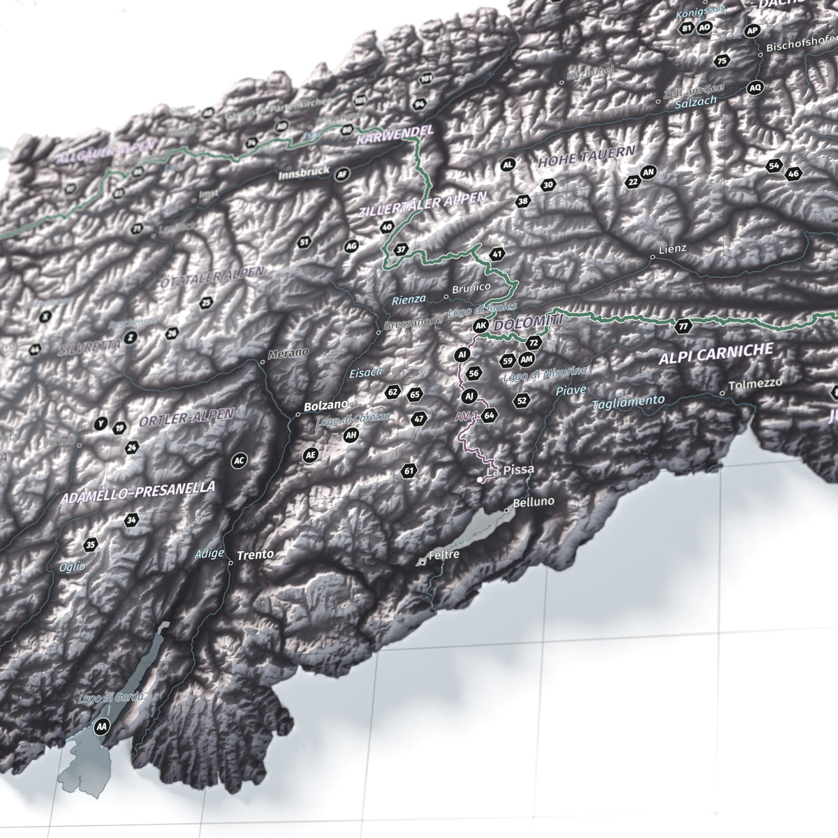 Mapa dels Alps, estil Cendra: detall de les Dolomites i l’Alta Via n. 1.