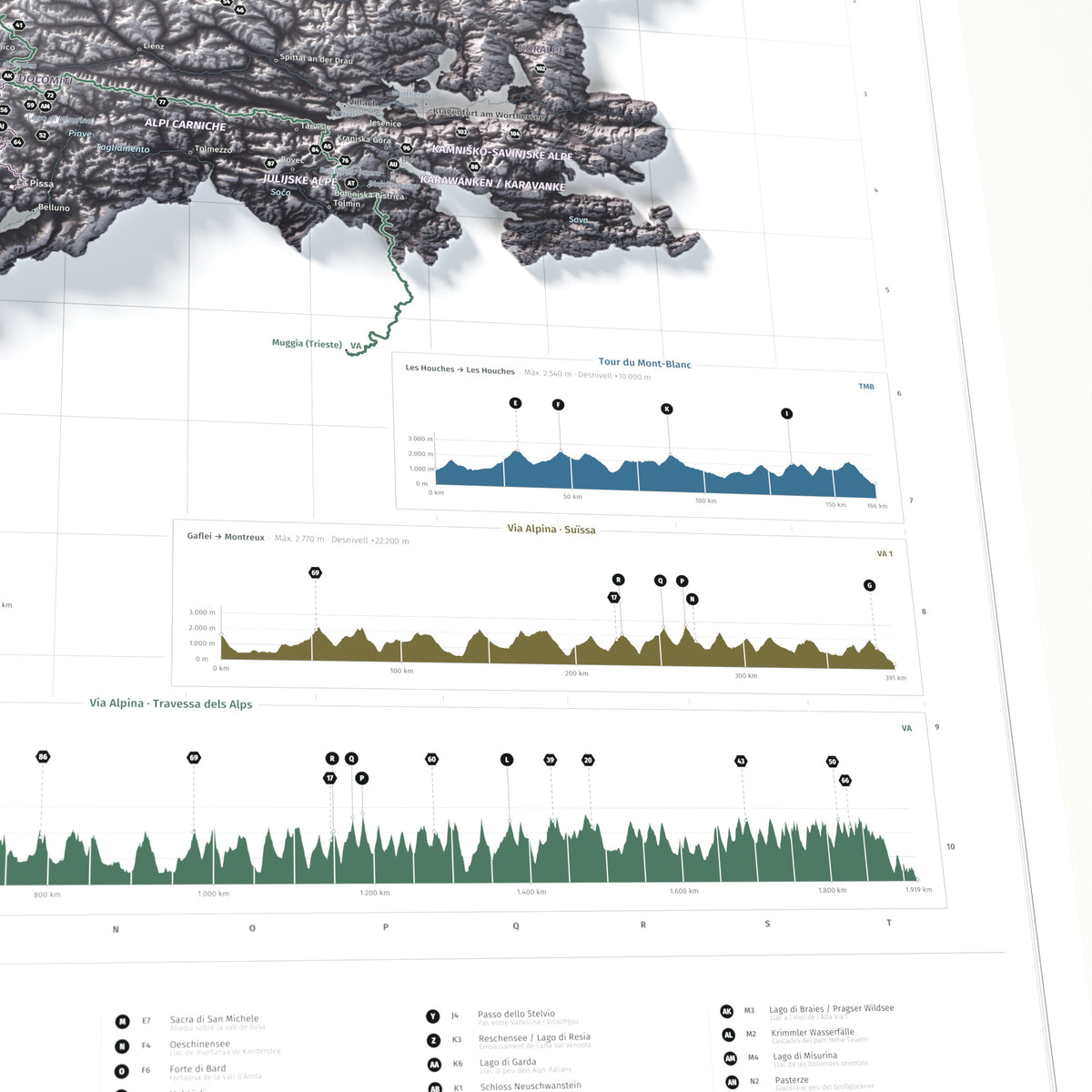 Mapa dels Alps, estil Cendra: detall dels perfils de les rutes.