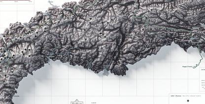 Detall frontal dels Alps centrals, estil Cendra, amb cims, llacs i rutes.
