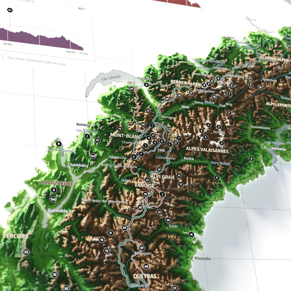 Mapa dels Alps, estil Clàssic: detall del Mont Blanc i les rutes del massís.