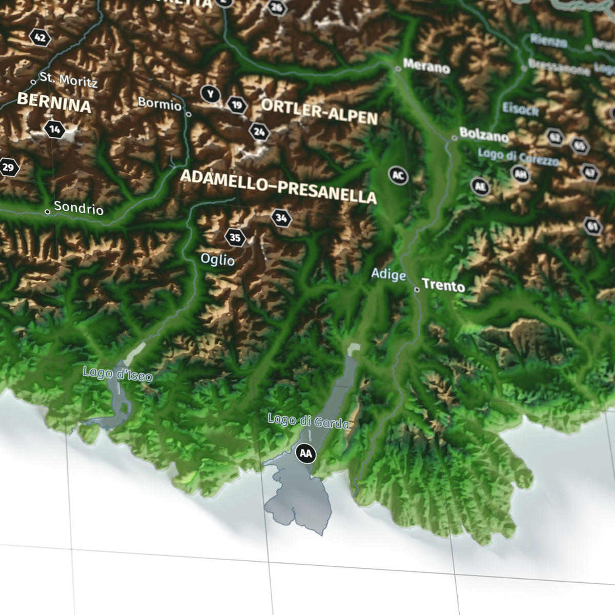 Mapa dels Alps, estil Clàssic: detall del Lago di Garda i les ombres del terreny.