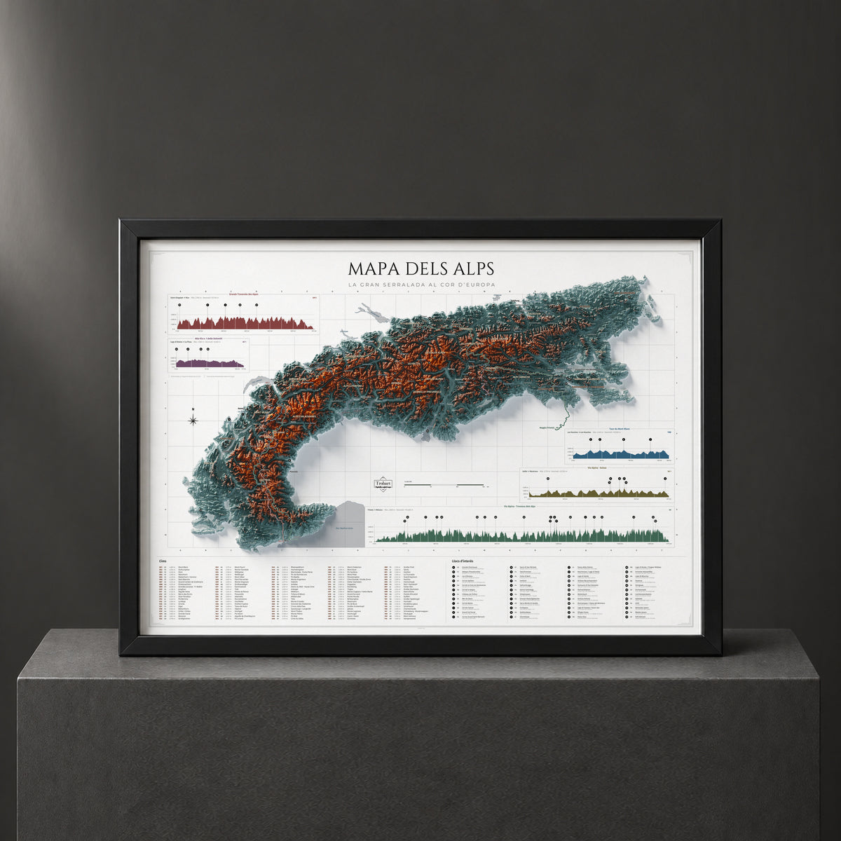Mapa dels Alps, estil Contrastat: presentació amb marc negre sobre un pedestal. Marc no inclòs.