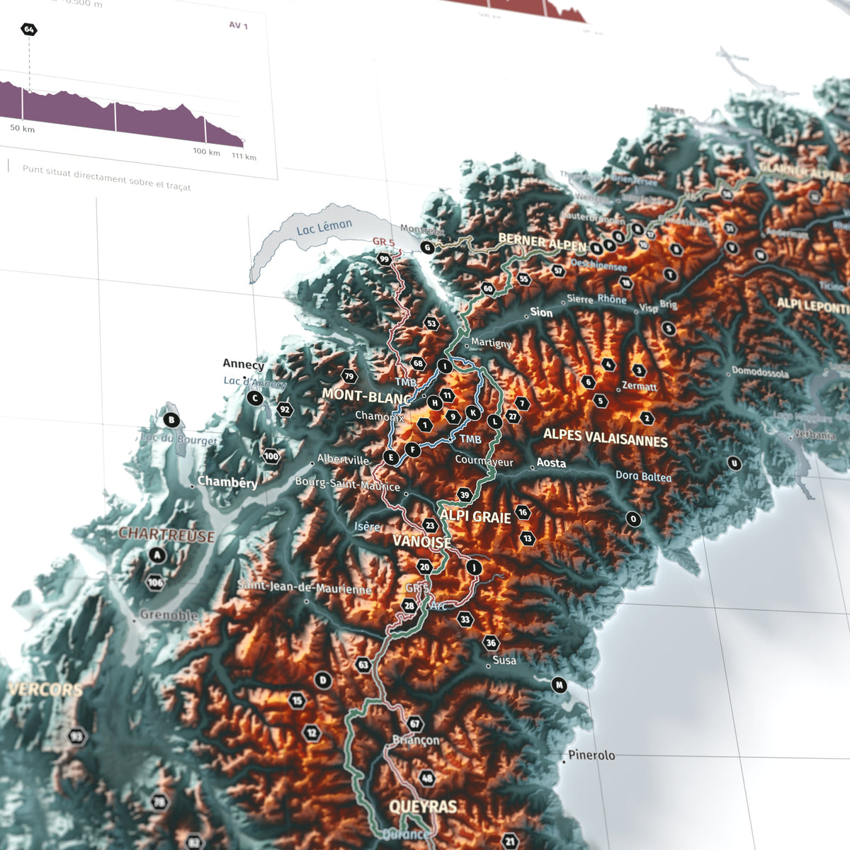 Mapa dels Alps, estil Contrastat: detall del Mont Blanc i les rutes del massís.