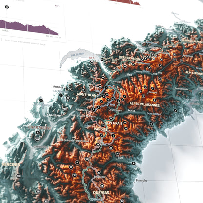Mapa dels Alps, estil Contrastat: detall del Mont Blanc i les rutes del massís.