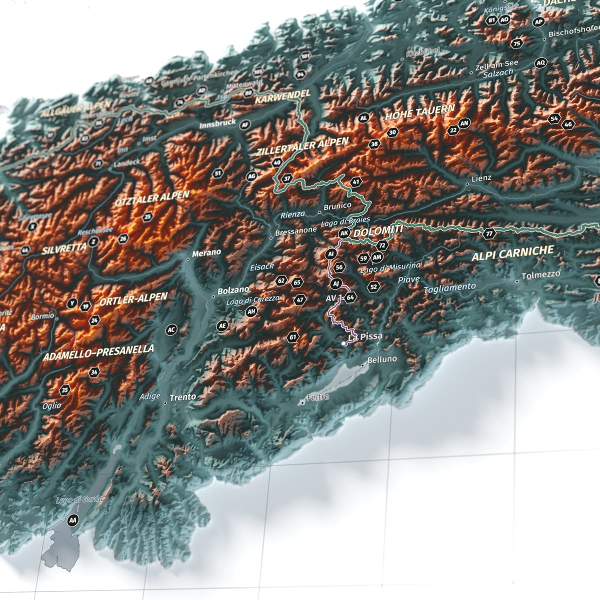 Mapa dels Alps, estil Contrastat: detall de les Dolomites i l’Alta Via n. 1.