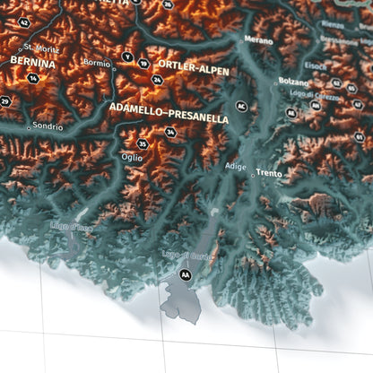 Mapa dels Alps, estil Contrastat: detall del Lago di Garda i les ombres del terreny.