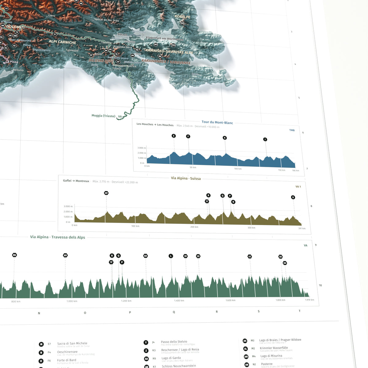Mapa dels Alps, estil Contrastat: detall dels perfils de les rutes.