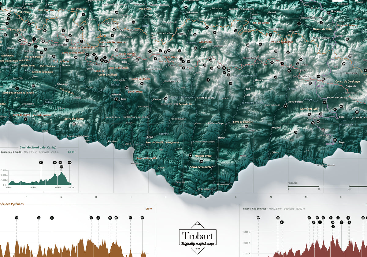 Mapa de los Pirineos, estilo Alpina. Detalle de la zona central. Lámina de 100 × 70 cm.