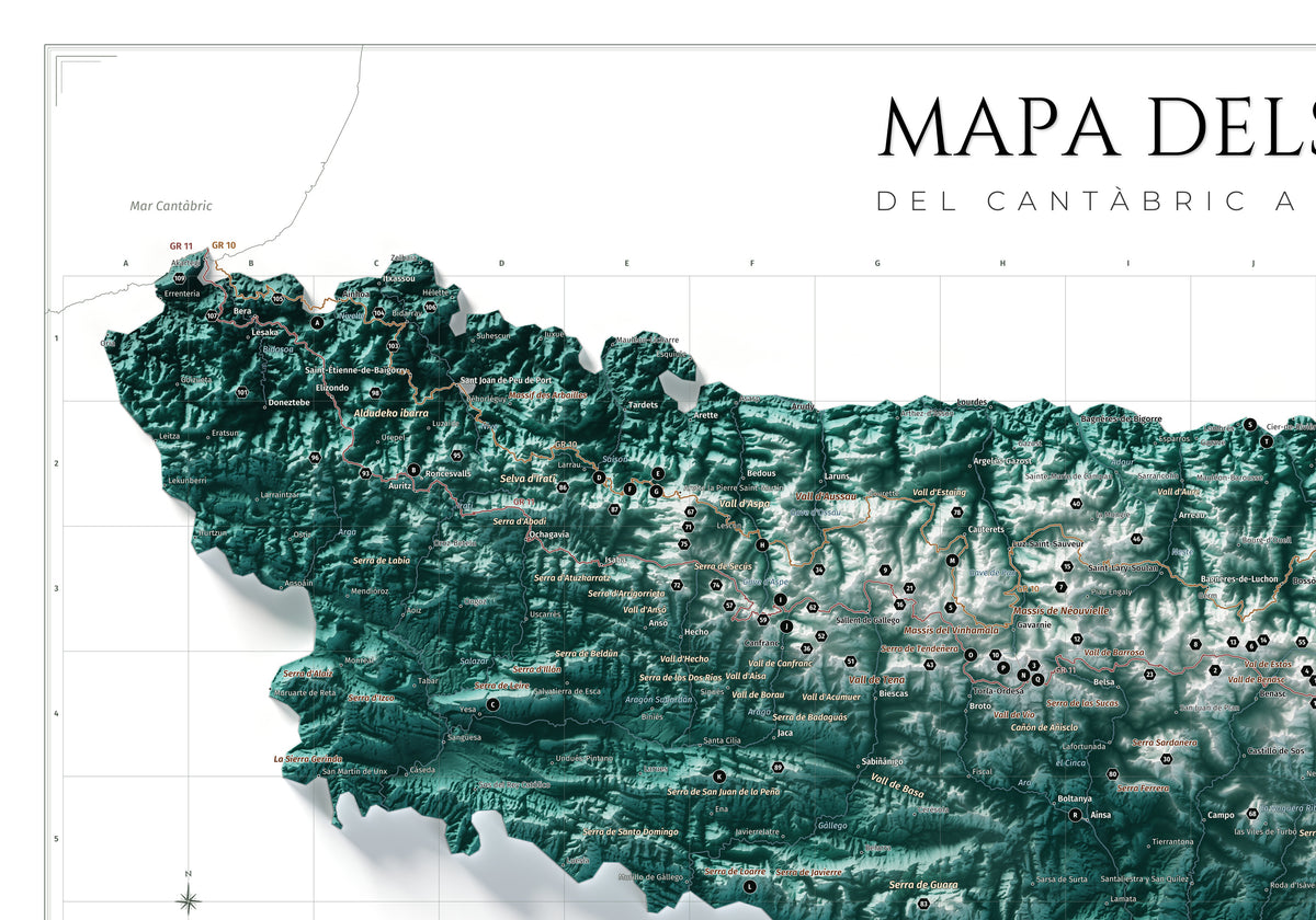 Mapa de los Pirineos, estilo Alpina. Detalle de la zona superior izquierda. Lámina de 100 × 70 cm.