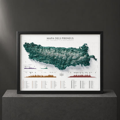 Mapa de los Pirineos en paleta Alpina, presentado con marco sobre un pedestal negro.