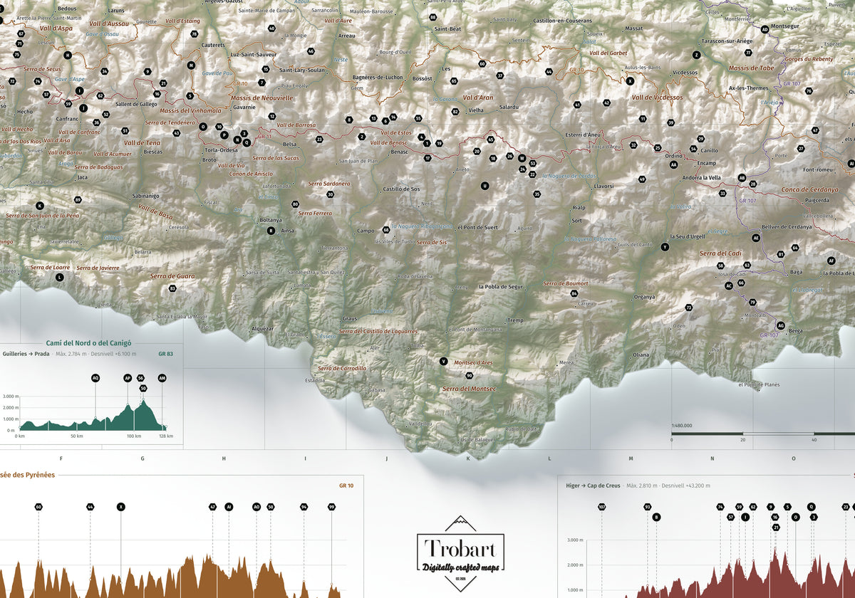 Mapa de los Pirineos, estilo Cartográfico. Detalle de la zona central. Lámina de 100 × 70 cm.