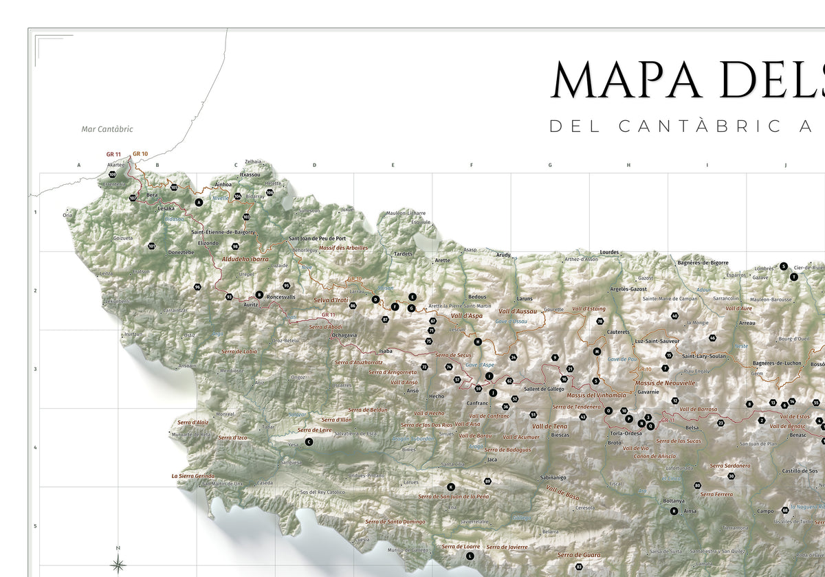 Mapa de los Pirineos, estilo Cartográfico. Detalle de la zona superior izquierda. Lámina de 100 × 70 cm.