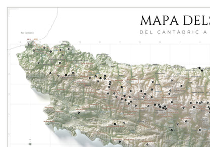 Mapa de los Pirineos, estilo Cartográfico. Detalle de la zona superior izquierda. Lámina de 100 × 70 cm.