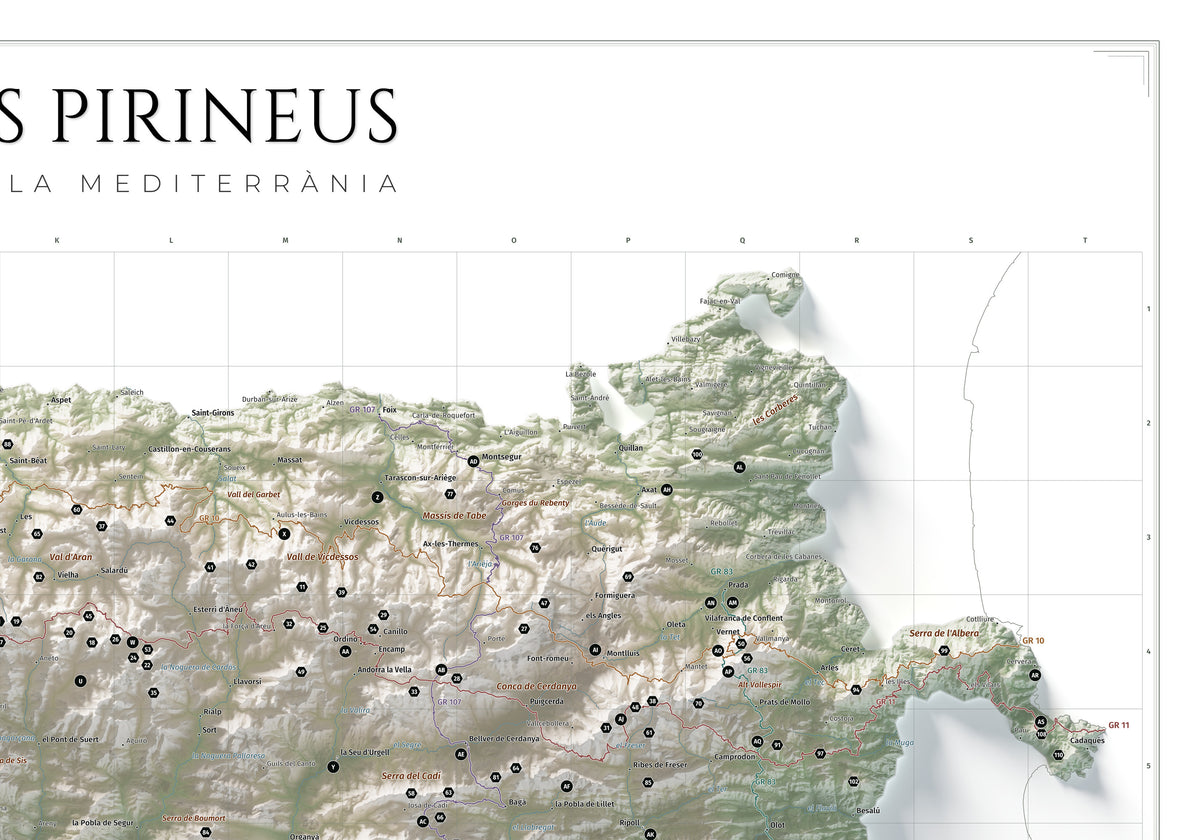 Mapa de los Pirineos, estilo Cartográfico. Detalle de la zona superior derecha. Lámina de 100 × 70 cm.