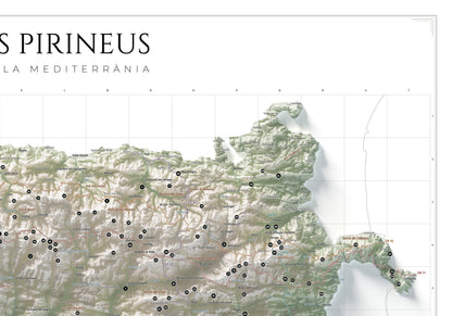 Mapa de los Pirineos, estilo Cartográfico. Detalle de la zona superior derecha. Lámina de 100 × 70 cm.