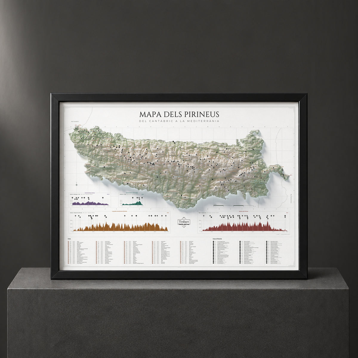 Mapa de los Pirineos en paleta Cartográfico, presentado con marco sobre un pedestal negro.