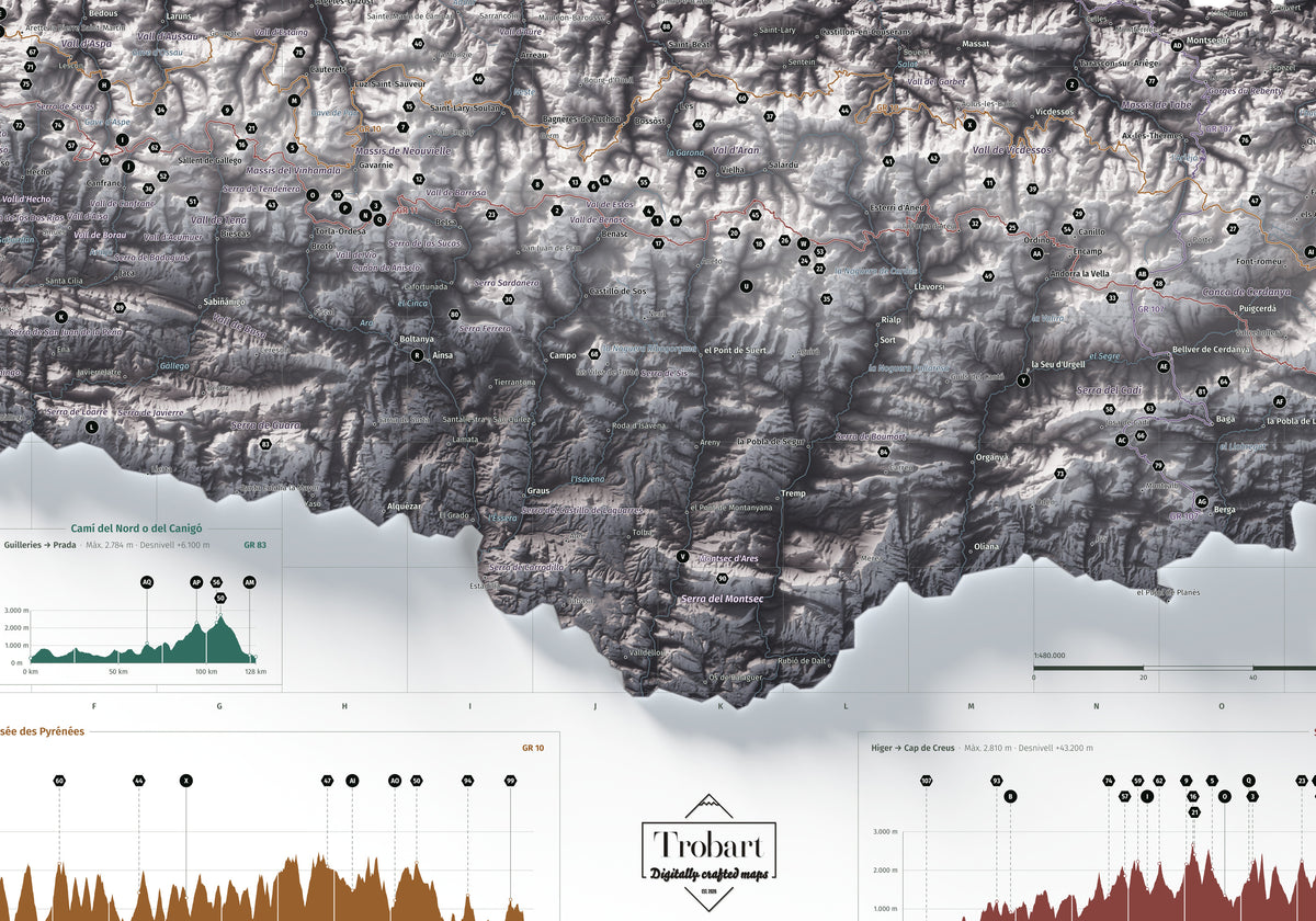 Mapa de los Pirineos, estilo Cendra. Detalle de la zona central. Lámina de 100 × 70 cm.