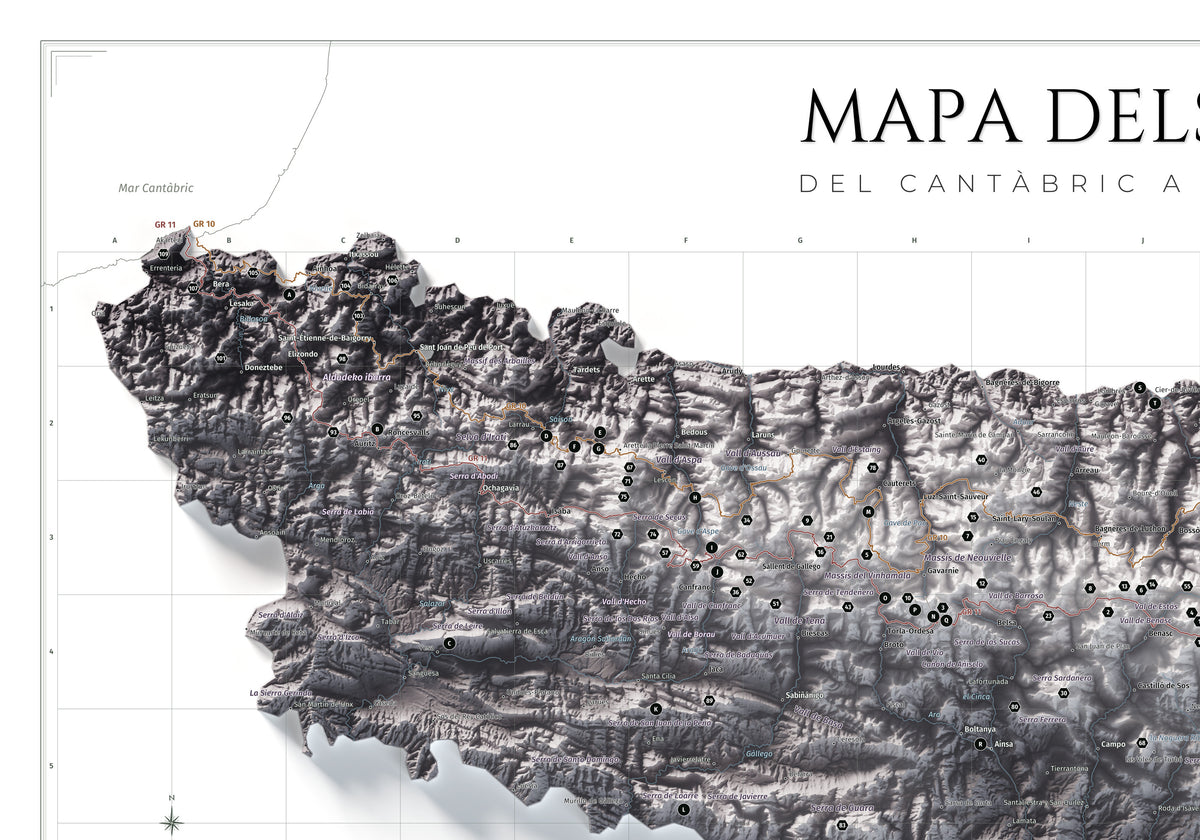 Mapa de los Pirineos, estilo Cendra. Detalle de la zona superior izquierda. Lámina de 100 × 70 cm.