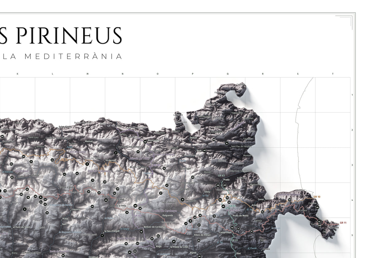 Mapa de los Pirineos, estilo Cendra. Detalle de la zona superior derecha. Lámina de 100 × 70 cm.