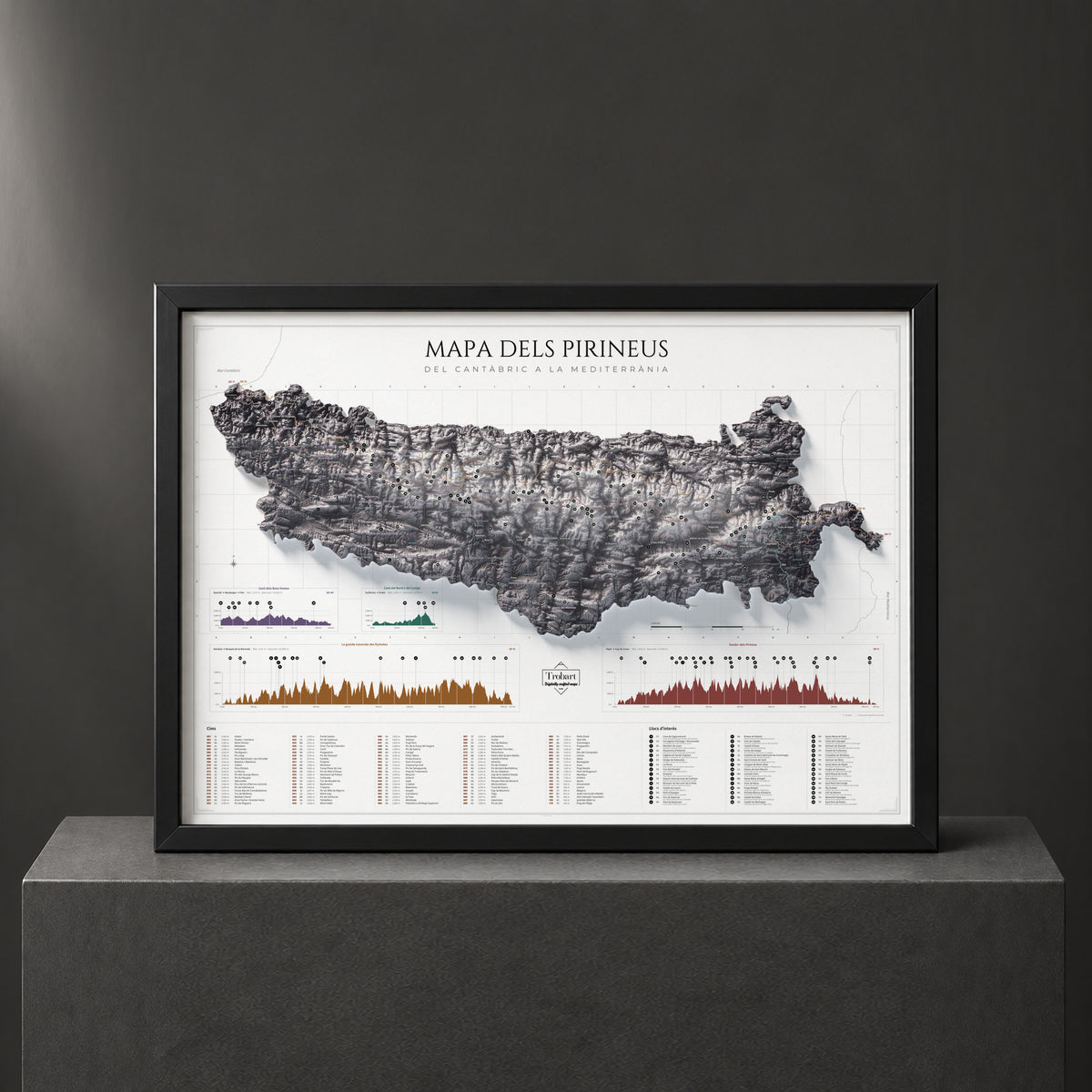 Mapa de los Pirineos en paleta Cendra, presentado con marco sobre un pedestal negro.
