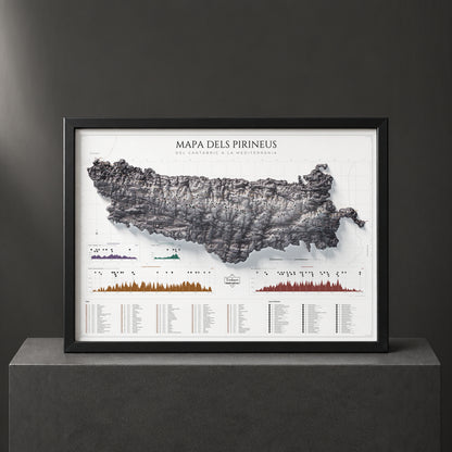Mapa de los Pirineos en paleta Cendra, presentado con marco sobre un pedestal negro.