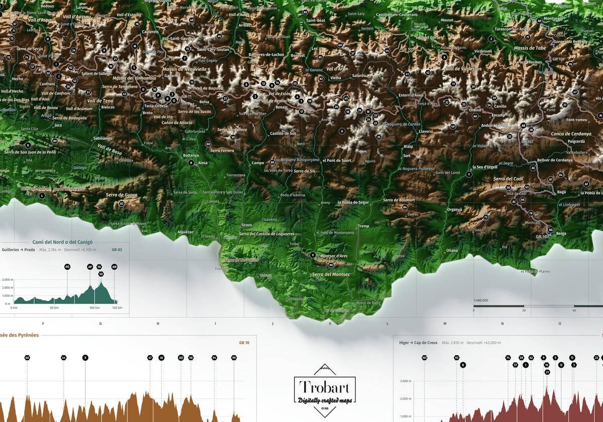 Mapa de los Pirineos, estilo Clásico. Detalle de la zona central. Lámina de 100 × 70 cm.