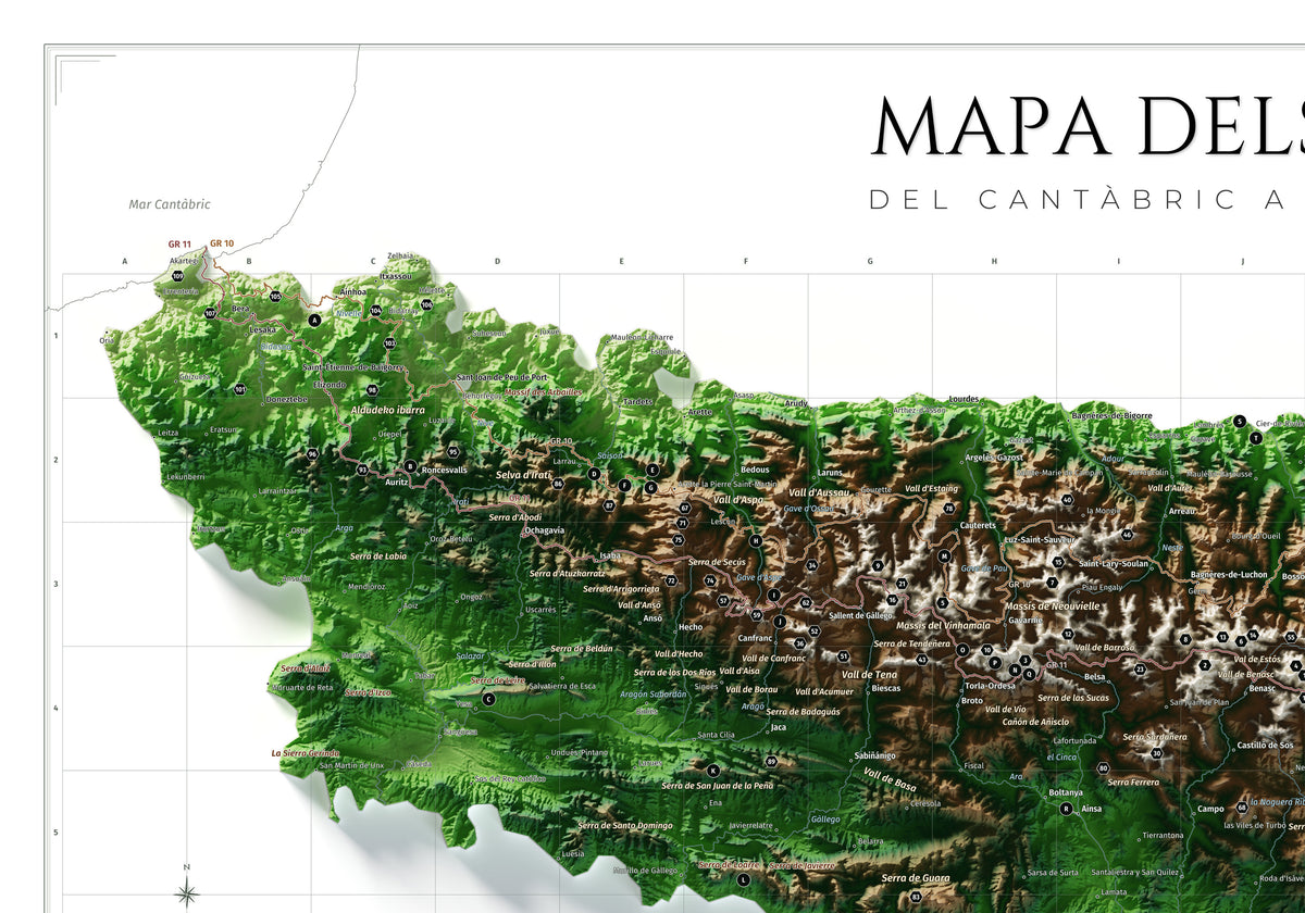 Mapa de los Pirineos, estilo Clásico. Detalle de la zona superior izquierda. Lámina de 100 × 70 cm.