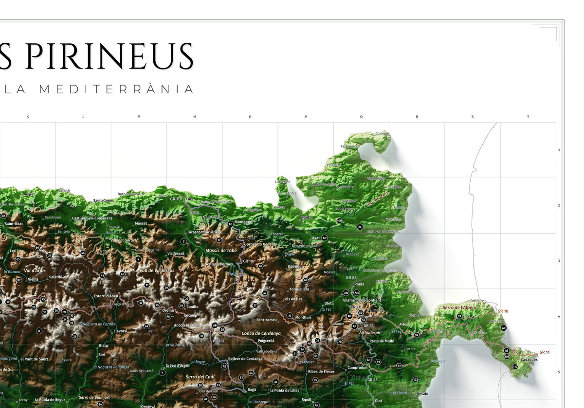 Mapa de los Pirineos, estilo Clásico. Detalle de la zona superior derecha. Lámina de 100 × 70 cm.