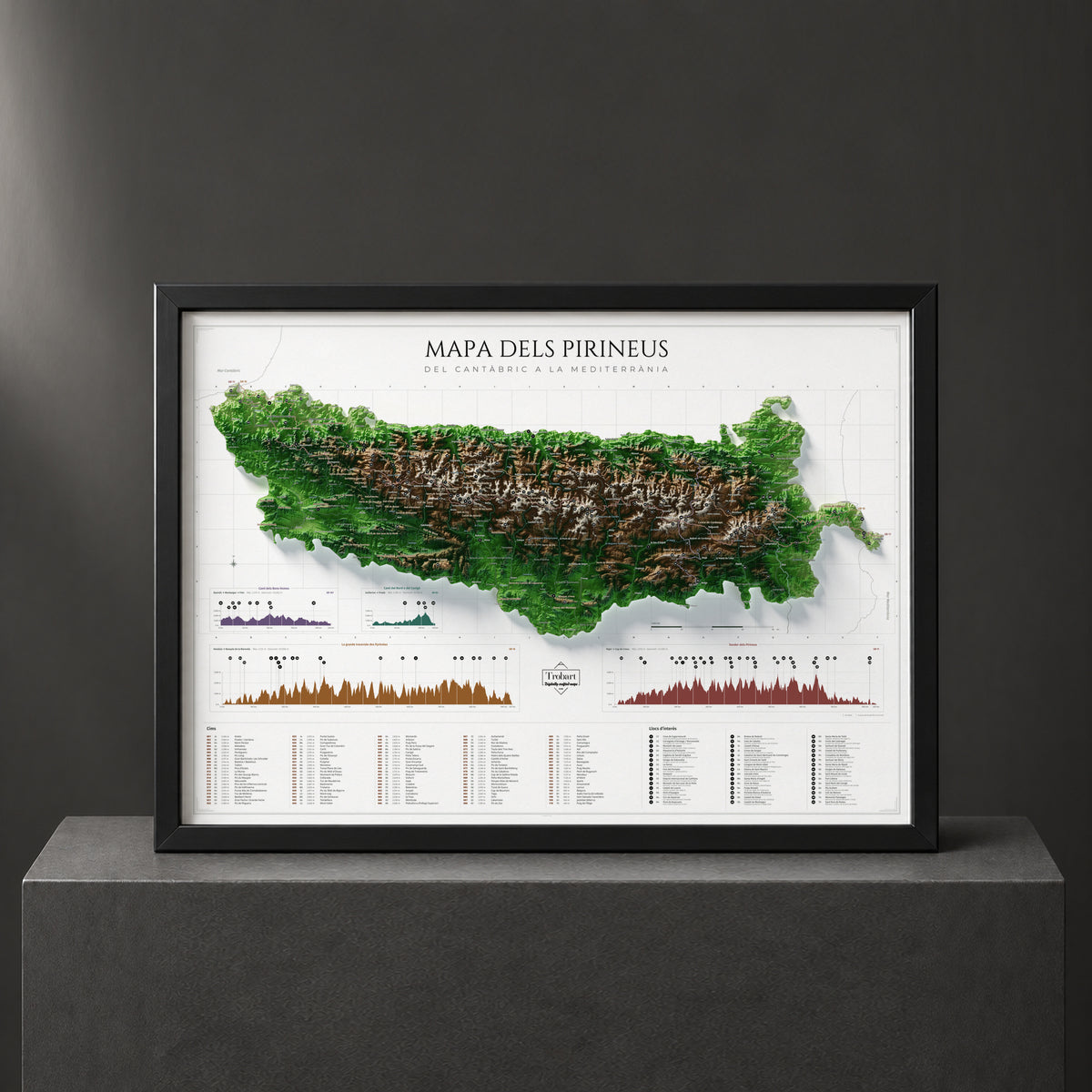 Mapa de los Pirineos en paleta Clásico, presentado con marco sobre un pedestal negro.