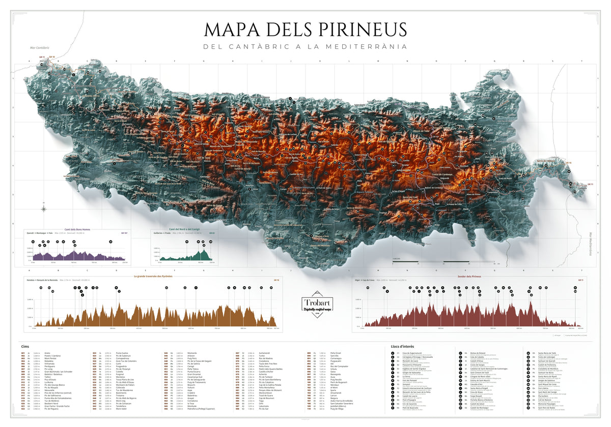 Mapa de los Pirineos en paleta Contrastado: lámina completa de 100 × 70 cm con cumbres y perfiles GR.