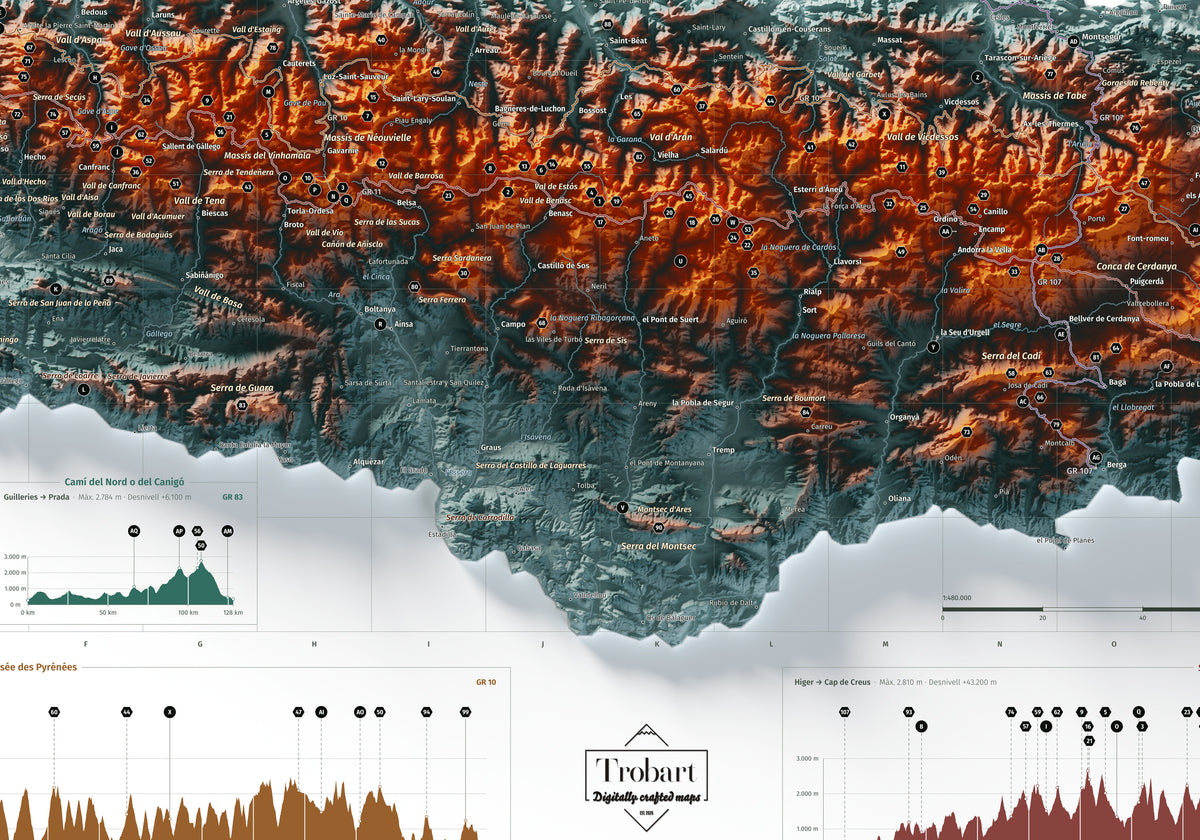 Mapa de los Pirineos, estilo Contrastado. Detalle de la zona central. Lámina de 100 × 70 cm.