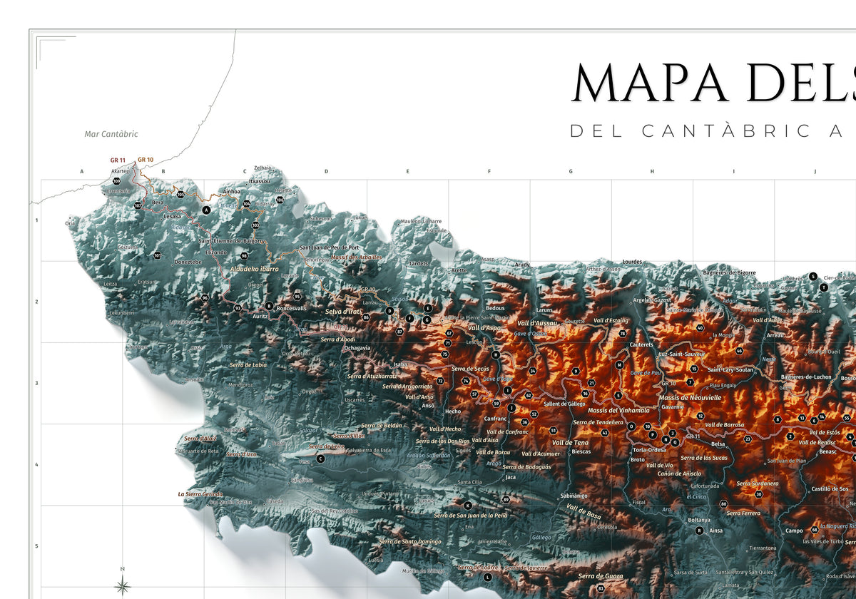 Mapa de los Pirineos, estilo Contrastado. Detalle de la zona superior izquierda. Lámina de 100 × 70 cm.