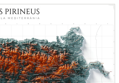 Mapa de los Pirineos, estilo Contrastado. Detalle de la zona superior derecha. Lámina de 100 × 70 cm.