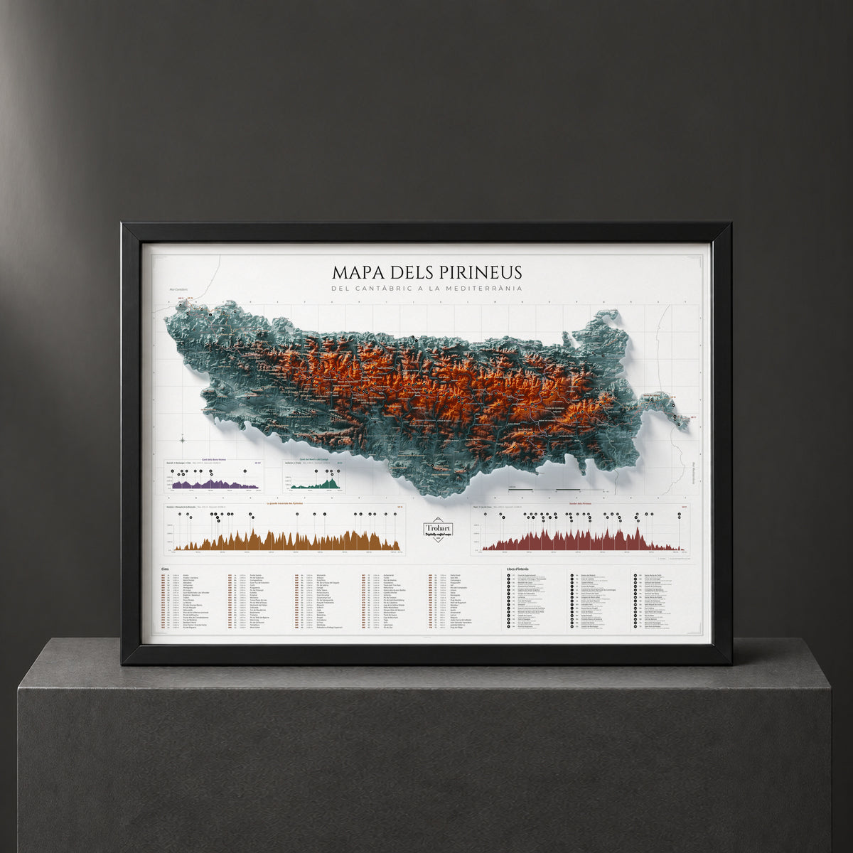 Mapa de los Pirineos en paleta Contrastado, presentado con marco sobre un pedestal negro.
