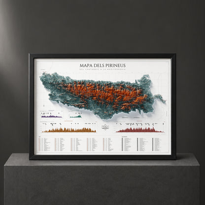 Mapa de los Pirineos en paleta Contrastado, presentado con marco sobre un pedestal negro.