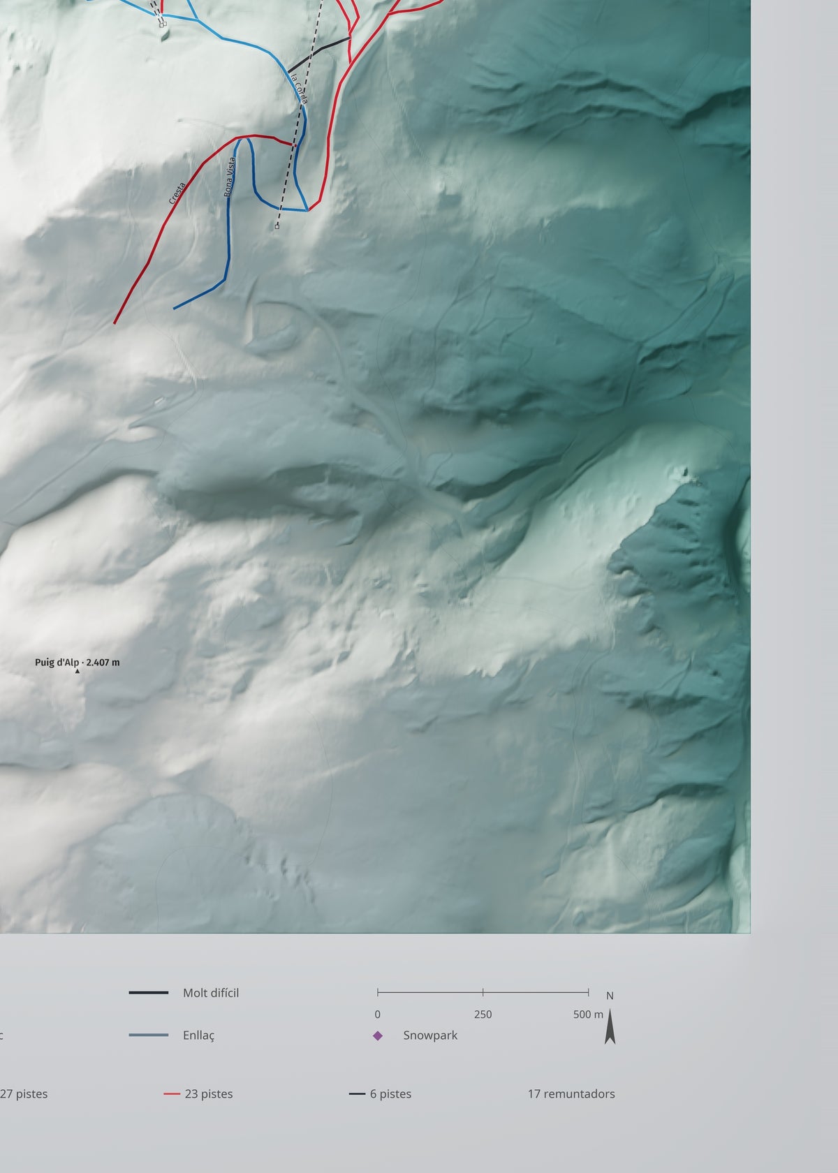 Mapa de pistas de Masella · Alpina · 50 × 70 cm. Detalle del cuadrante inferior derecho.